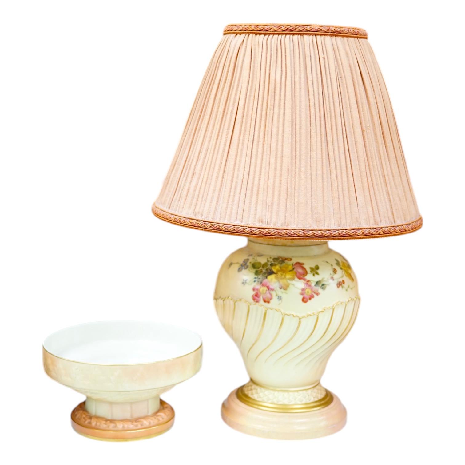 A Royal Worcester blush vase, fitted as a table lamp and a Royal Worcester footed bowl, total lamp height 38cm (2). Condition - good, lamp not tested